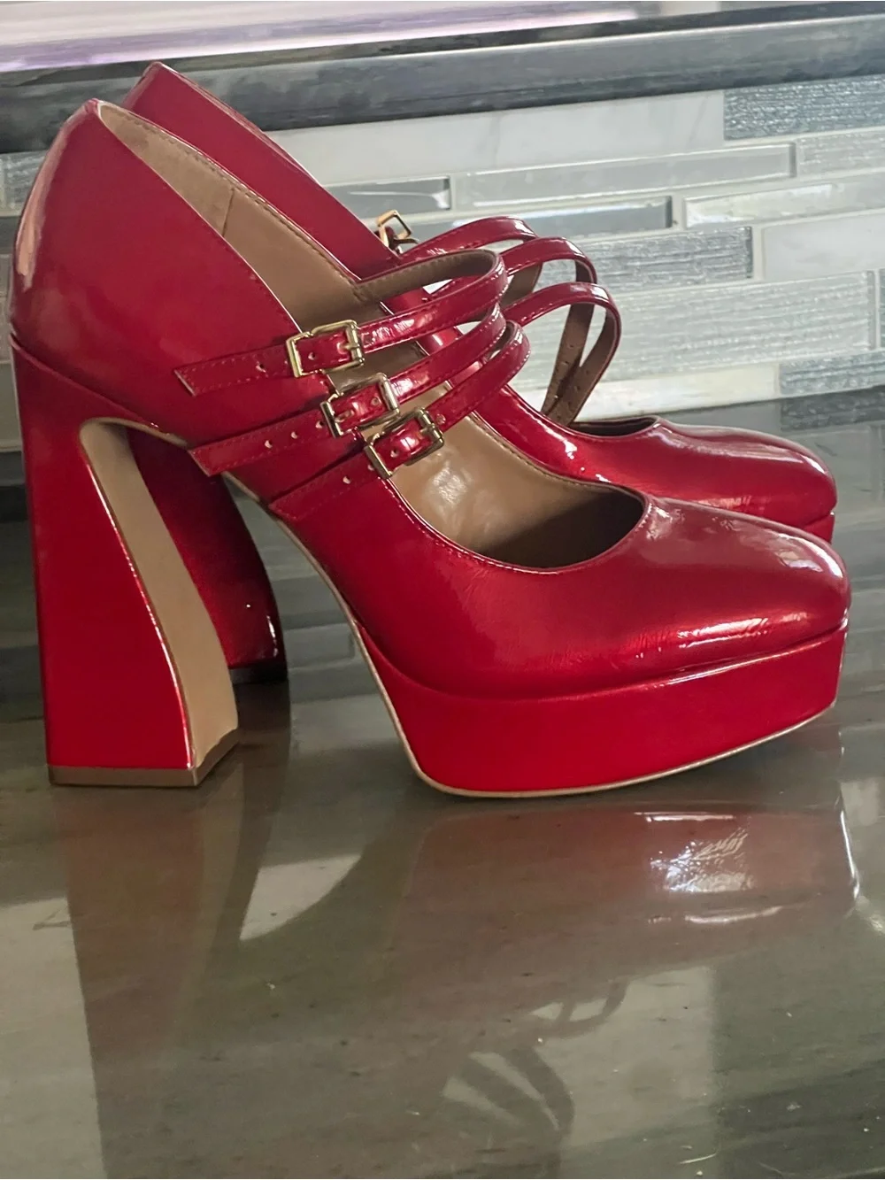 Jessica Simpson Red Patent Triple-Strap Platform Heels